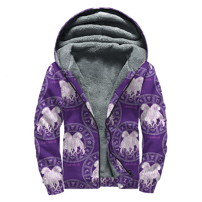 Purple Gemini Zodiac Pattern Print Sherpa Lined Zip Up Hoodie