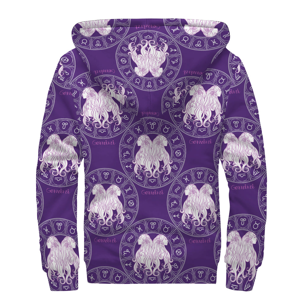 Purple Gemini Zodiac Pattern Print Sherpa Lined Zip Up Hoodie