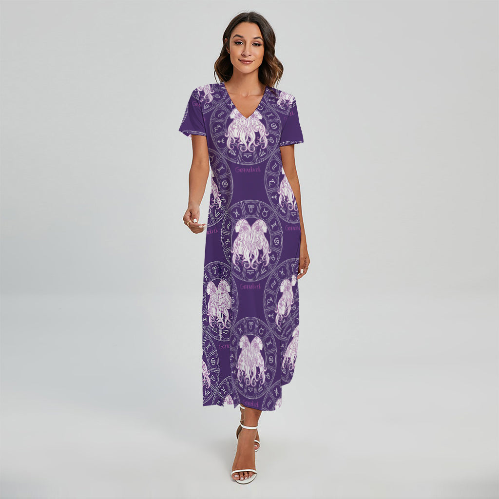 Purple Gemini Zodiac Pattern Print Short Sleeve Maxi Dress