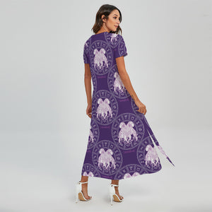 Purple Gemini Zodiac Pattern Print Short Sleeve Maxi Dress