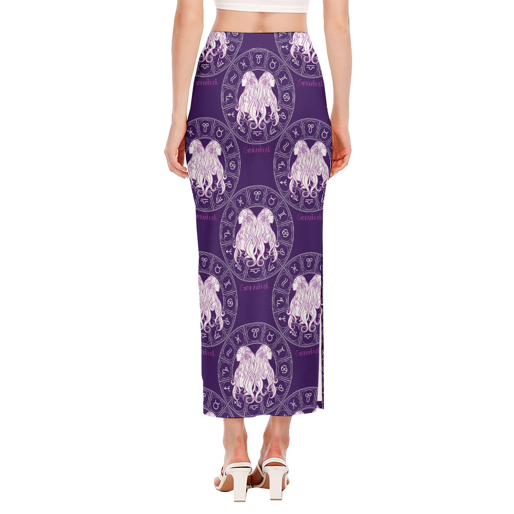 Purple Gemini Zodiac Pattern Print Side Slit Maxi Skirt