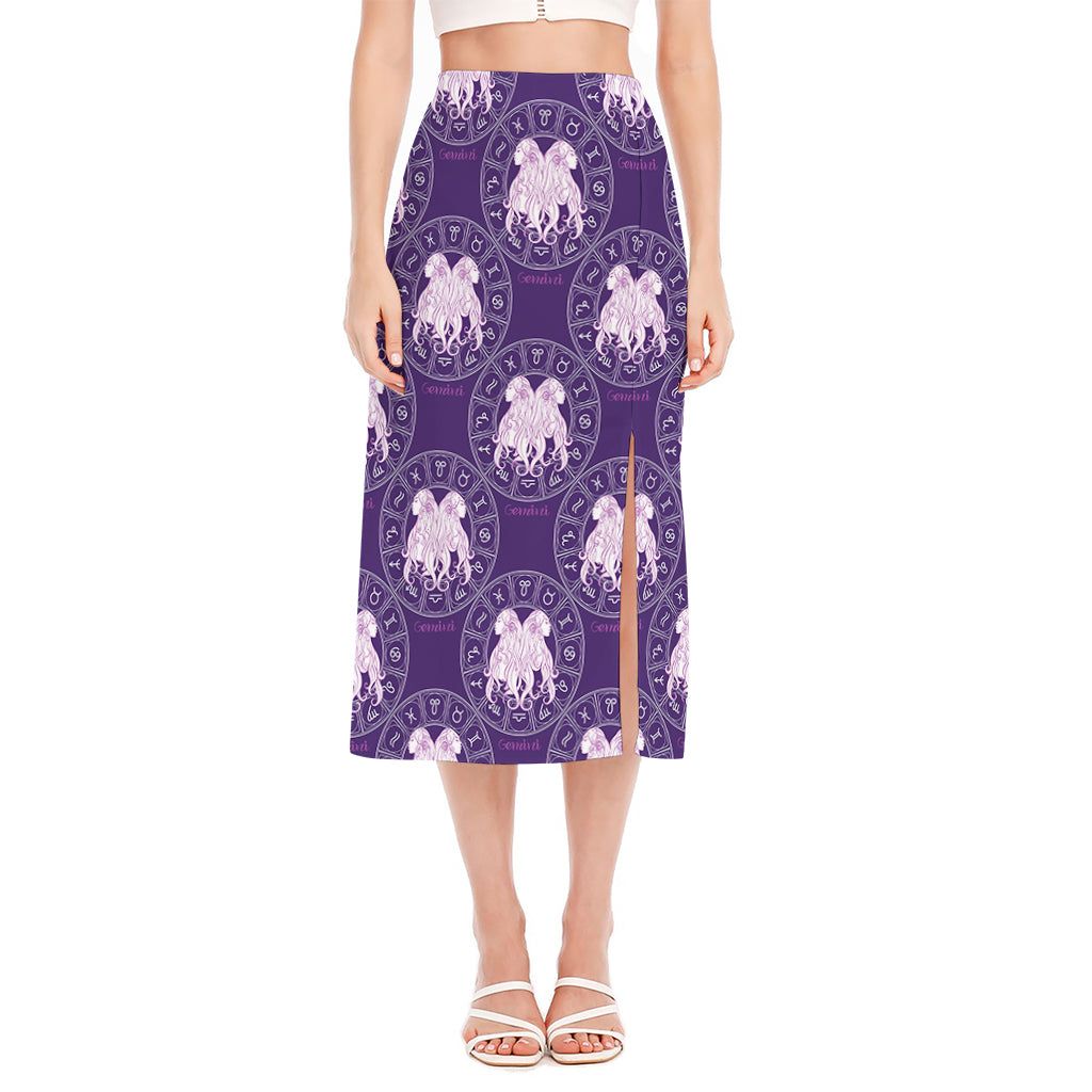 Purple Gemini Zodiac Pattern Print Side Slit Midi Skirt