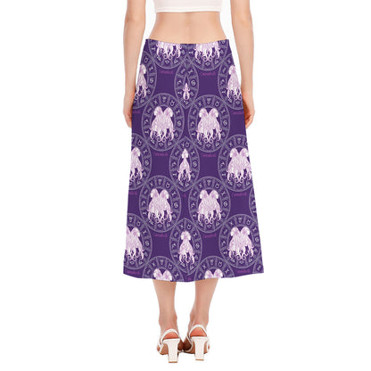 Purple Gemini Zodiac Pattern Print Side Slit Midi Skirt