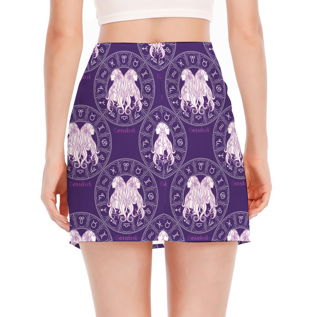 Purple Gemini Zodiac Pattern Print Side Slit Mini Skirt