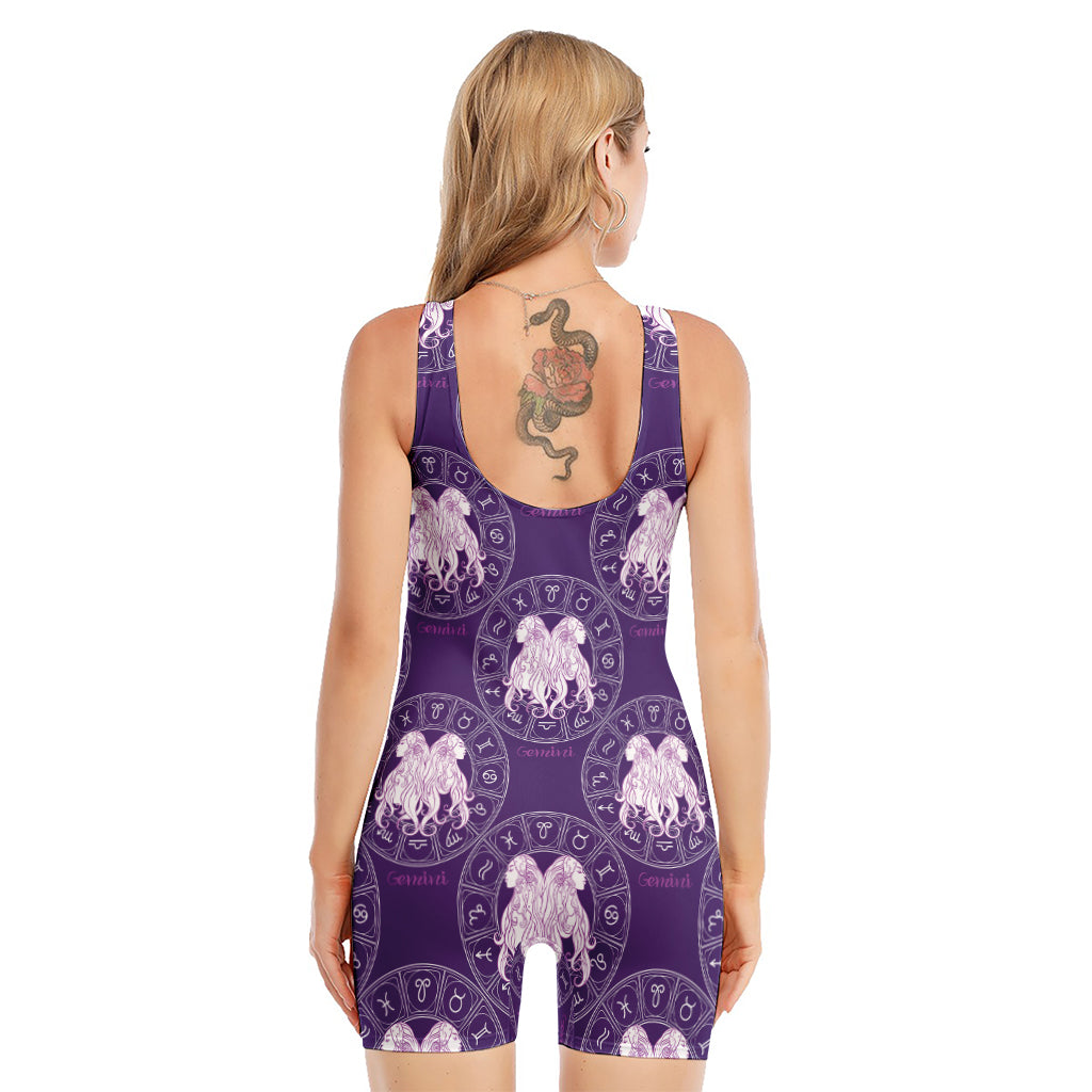 Purple Gemini Zodiac Pattern Print Sleeveless One Piece Swimsuit