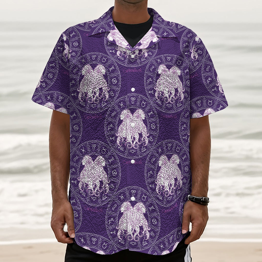Purple Gemini Zodiac Pattern Print Textured Short Sleeve Shirt