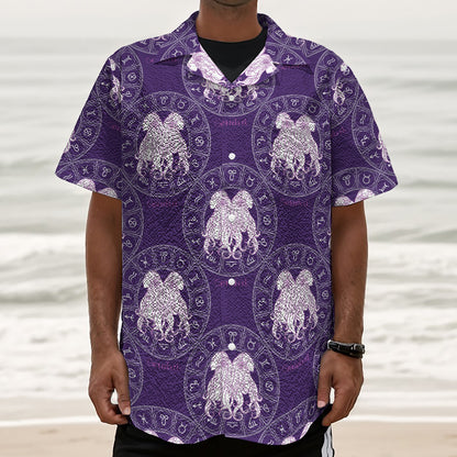 Purple Gemini Zodiac Pattern Print Textured Short Sleeve Shirt