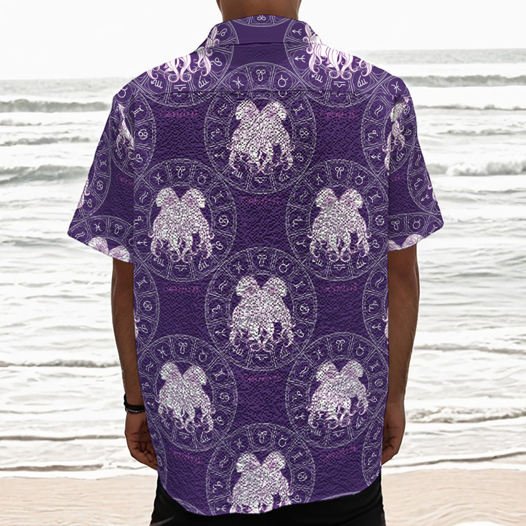 Purple Gemini Zodiac Pattern Print Textured Short Sleeve Shirt