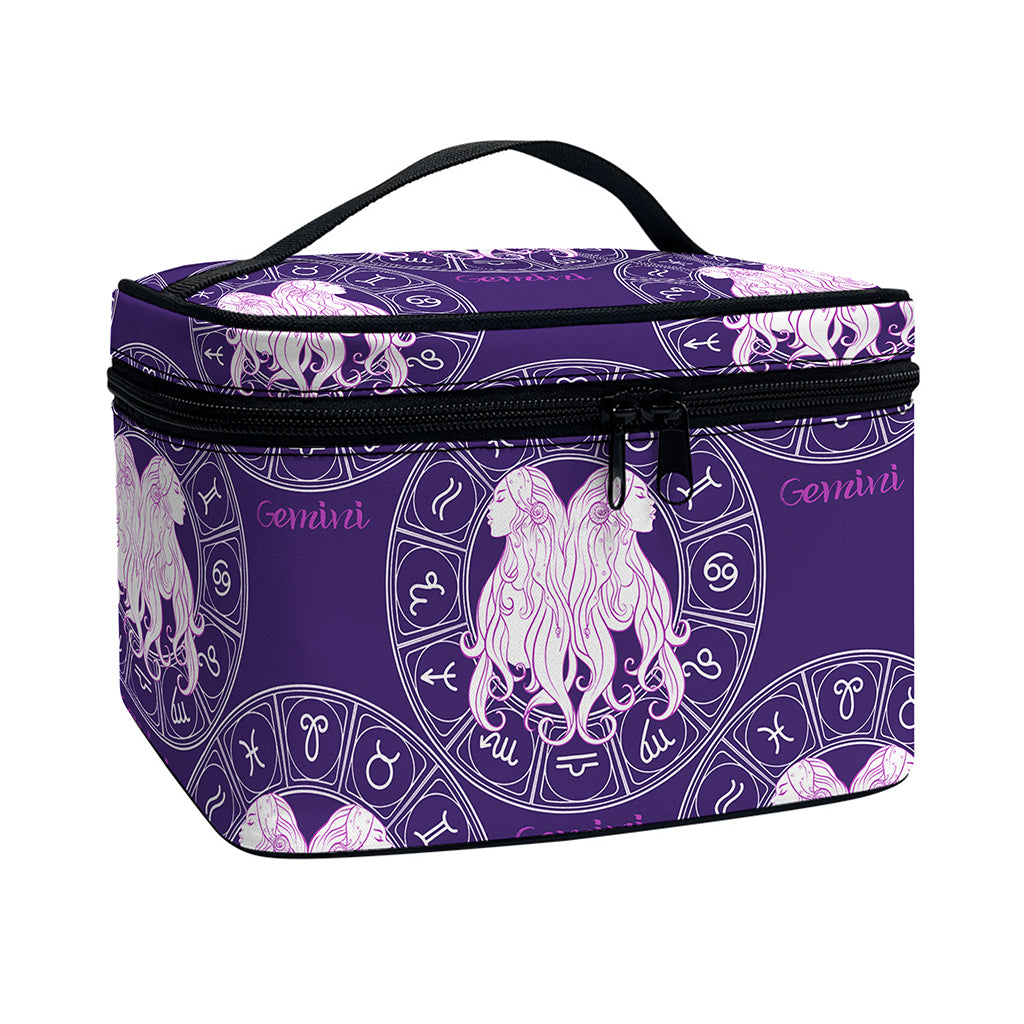 Purple Gemini Zodiac Pattern Print Travel Makeup Bag