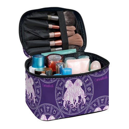 Purple Gemini Zodiac Pattern Print Travel Makeup Bag