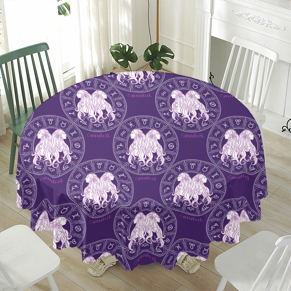 Purple Gemini Zodiac Pattern Print Waterproof Round Tablecloth