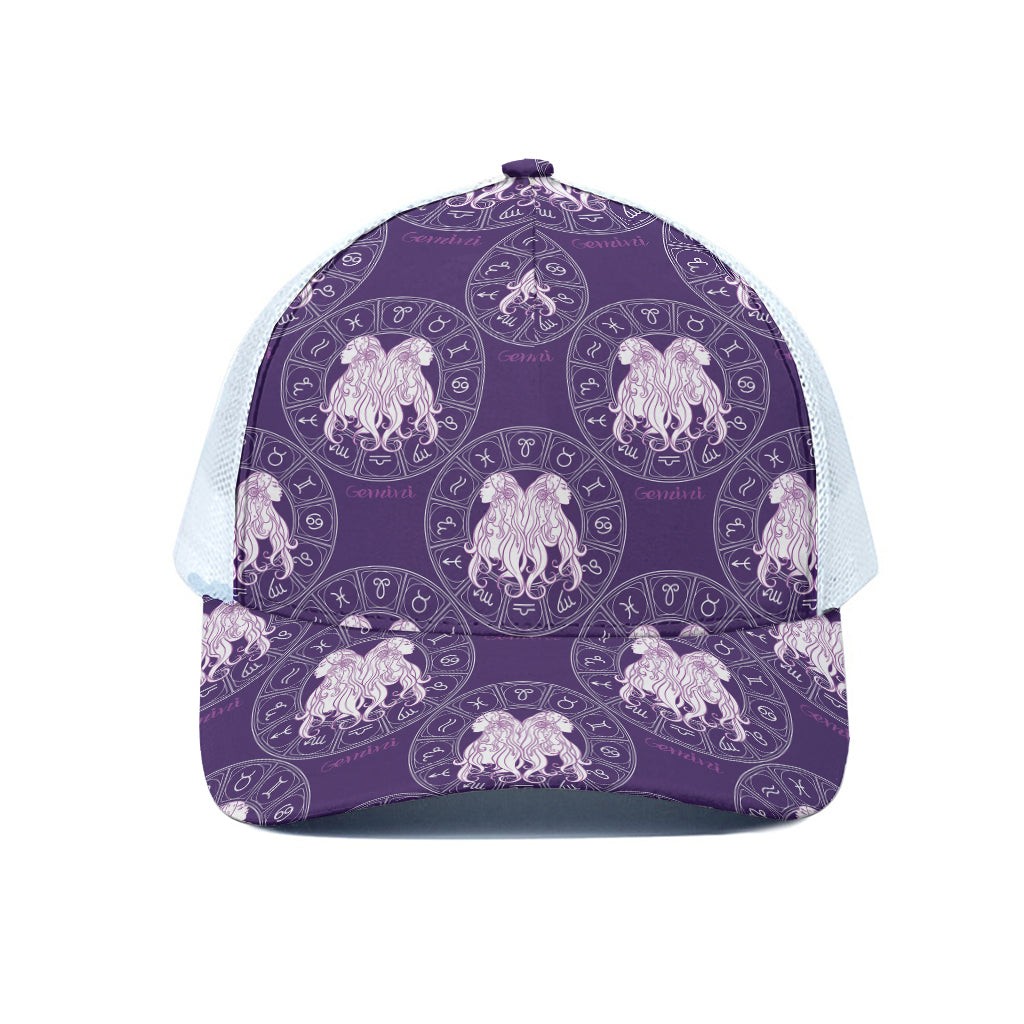 Purple Gemini Zodiac Pattern Print White Mesh Trucker Cap