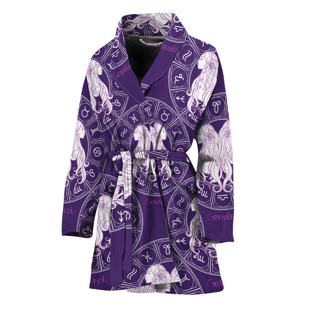 Purple Gemini Zodiac Pattern Print Women's Bathrobe