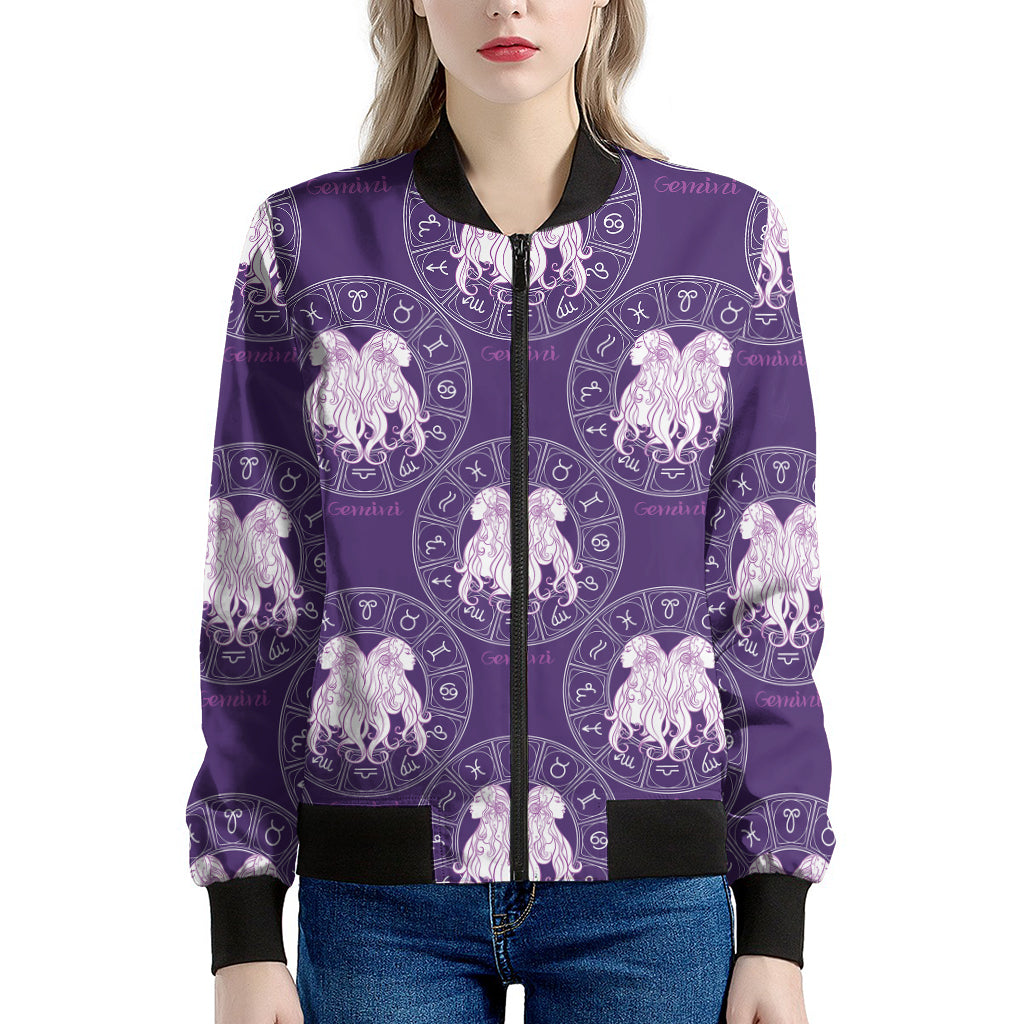 Purple Gemini Zodiac Pattern Print Women's Bomber Jacket