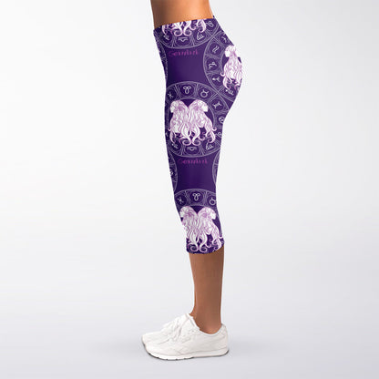 Purple Gemini Zodiac Pattern Print Women's Capri Leggings