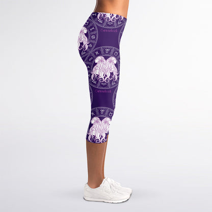 Purple Gemini Zodiac Pattern Print Women's Capri Leggings