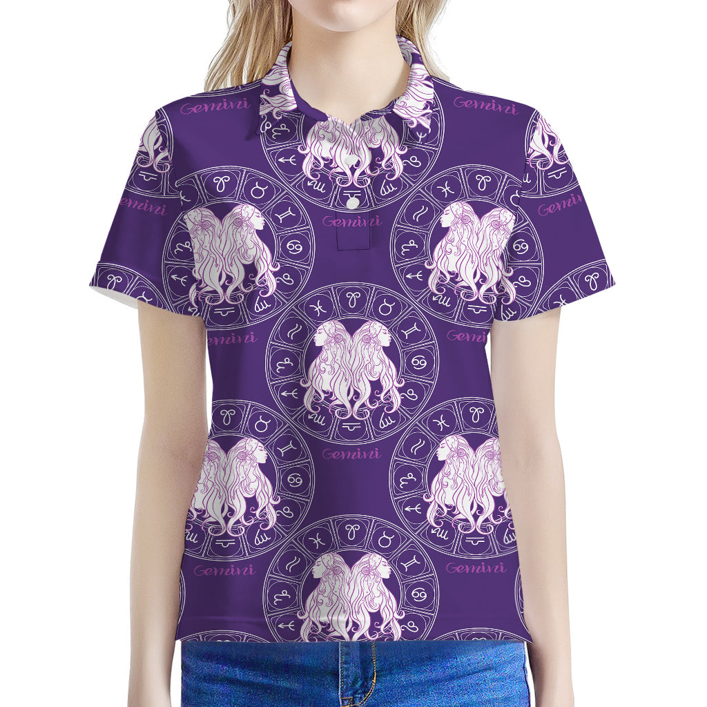 Purple Gemini Zodiac Pattern Print Women's Polo Shirt