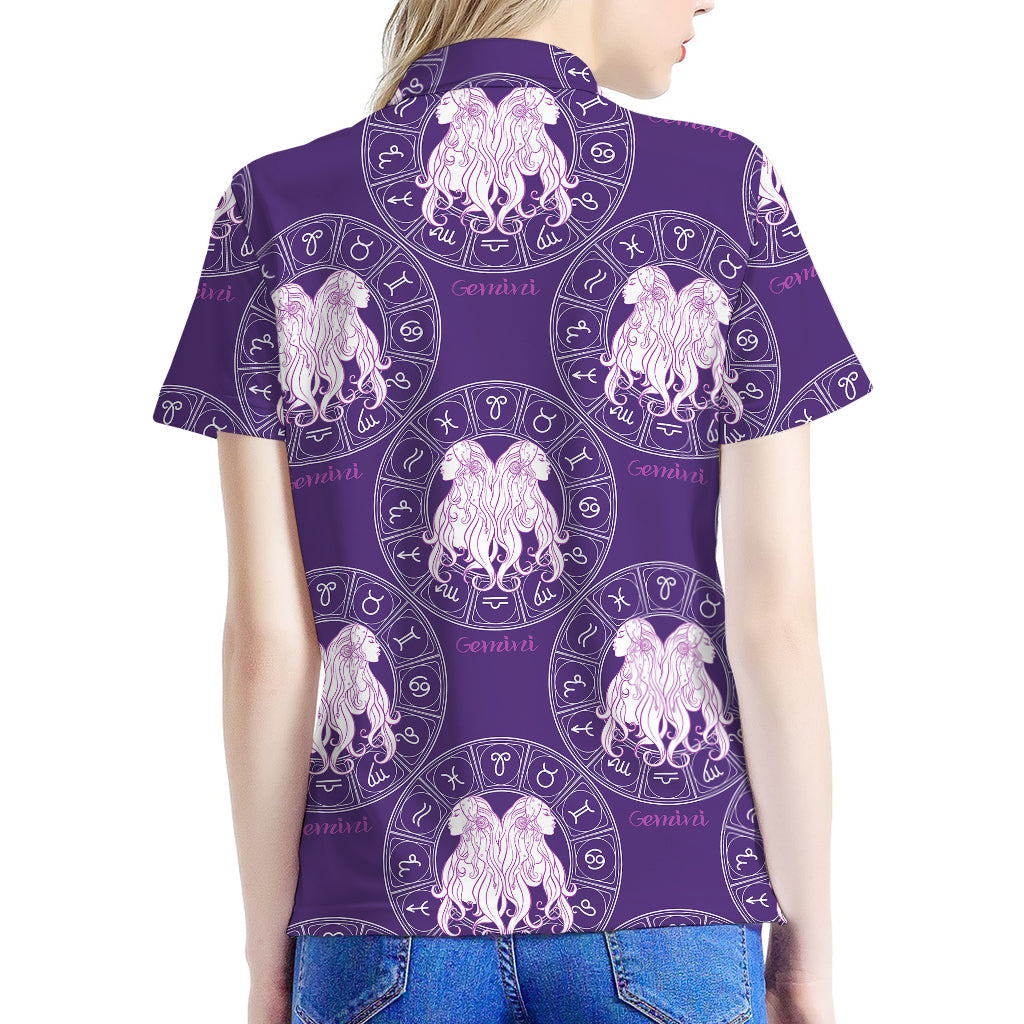 Purple Gemini Zodiac Pattern Print Women's Polo Shirt