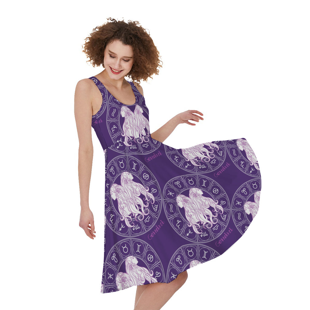 Purple Gemini Zodiac Pattern Print Women's Sleeveless Dress