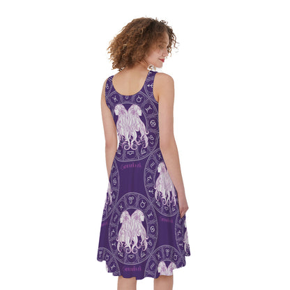 Purple Gemini Zodiac Pattern Print Women's Sleeveless Dress