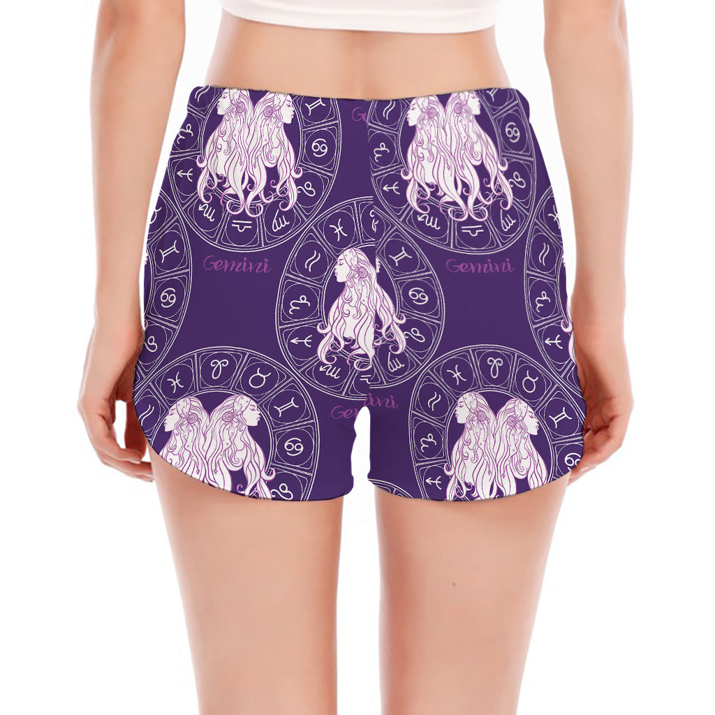 Purple Gemini Zodiac Pattern Print Women's Split Running Shorts