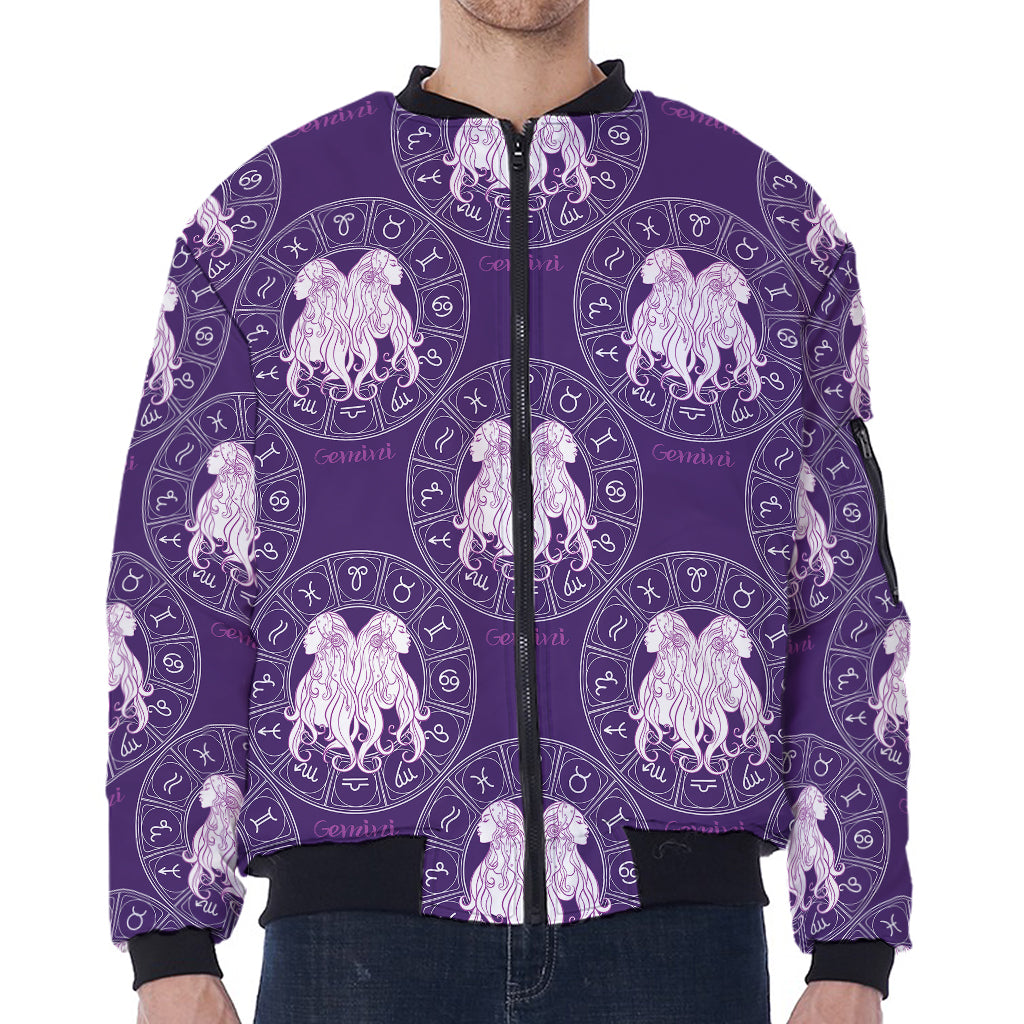 Purple Gemini Zodiac Pattern Print Zip Sleeve Bomber Jacket