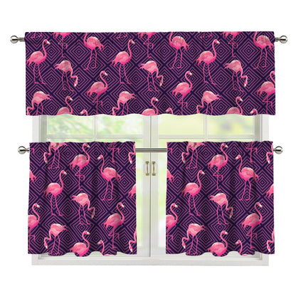 Purple Geometric Flamingo Pattern Print 3 Piece Kitchen Curtains