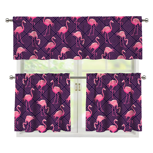 Purple Geometric Flamingo Pattern Print 3 Piece Kitchen Curtains