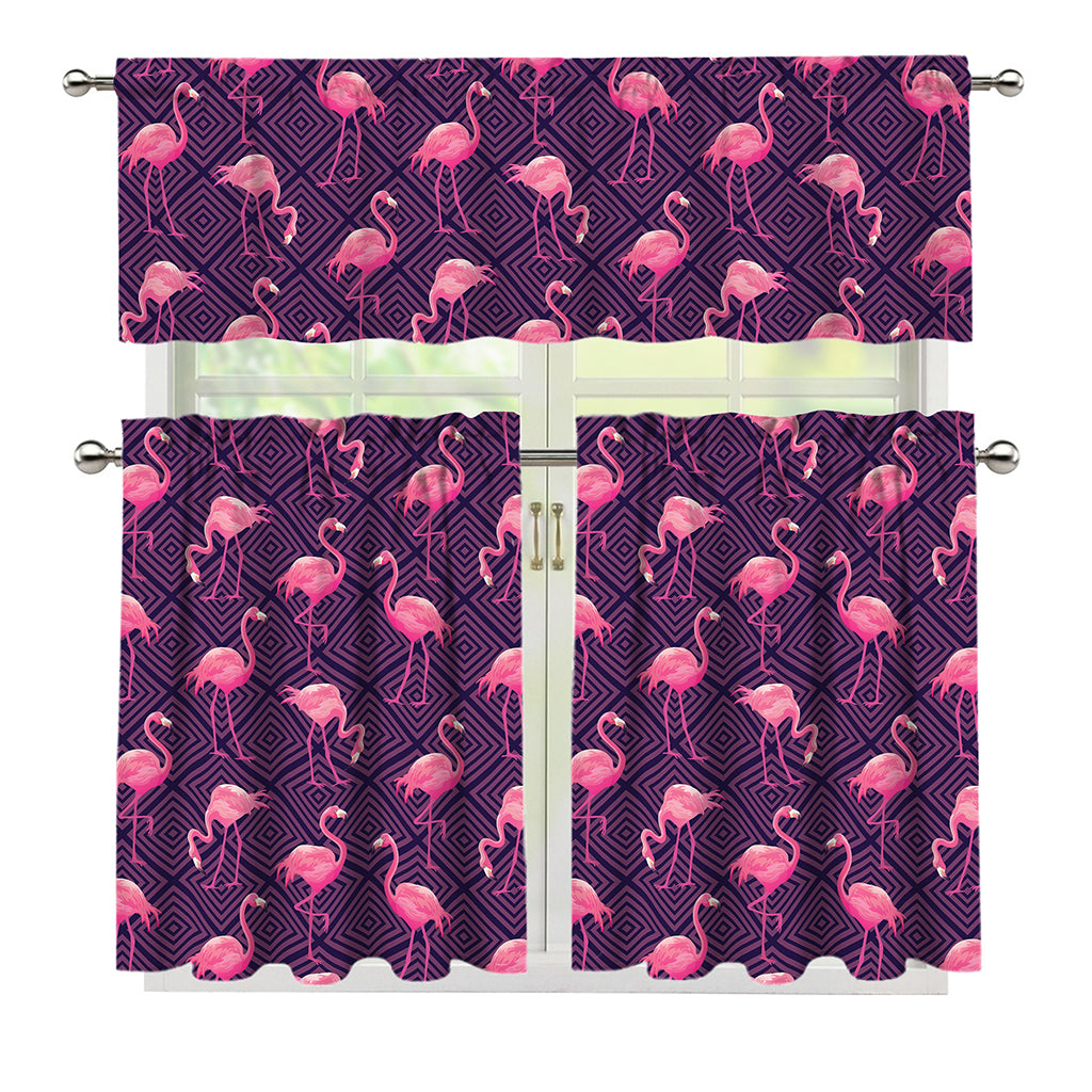 Purple Geometric Flamingo Pattern Print 3 Piece Kitchen Curtains