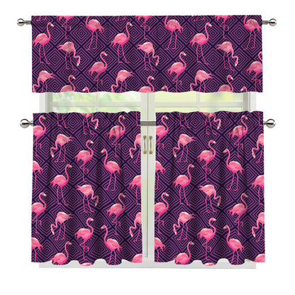 Purple Geometric Flamingo Pattern Print 3 Piece Kitchen Curtains