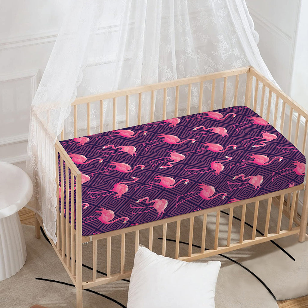 Purple Geometric Flamingo Pattern Print Baby Crib Sheet