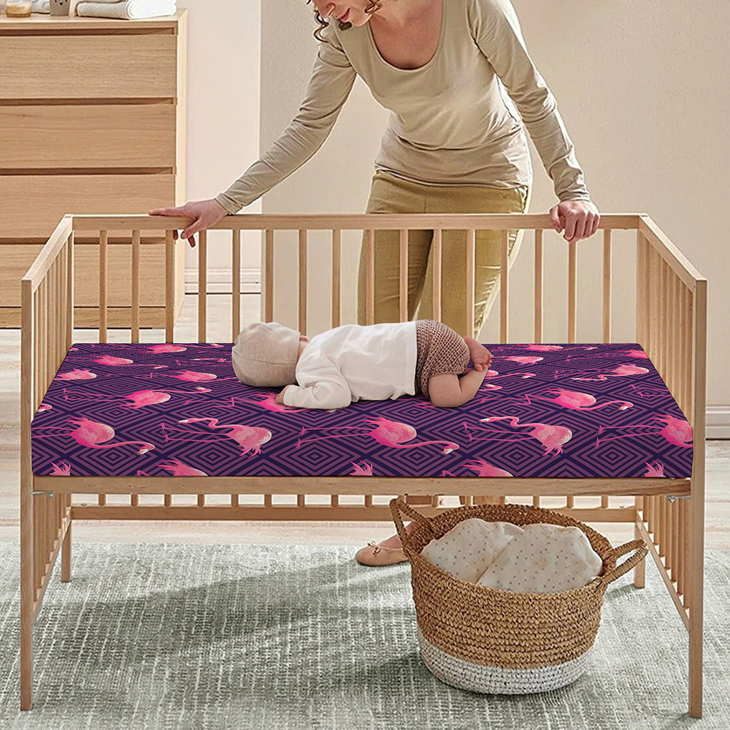 Purple Geometric Flamingo Pattern Print Baby Crib Sheet