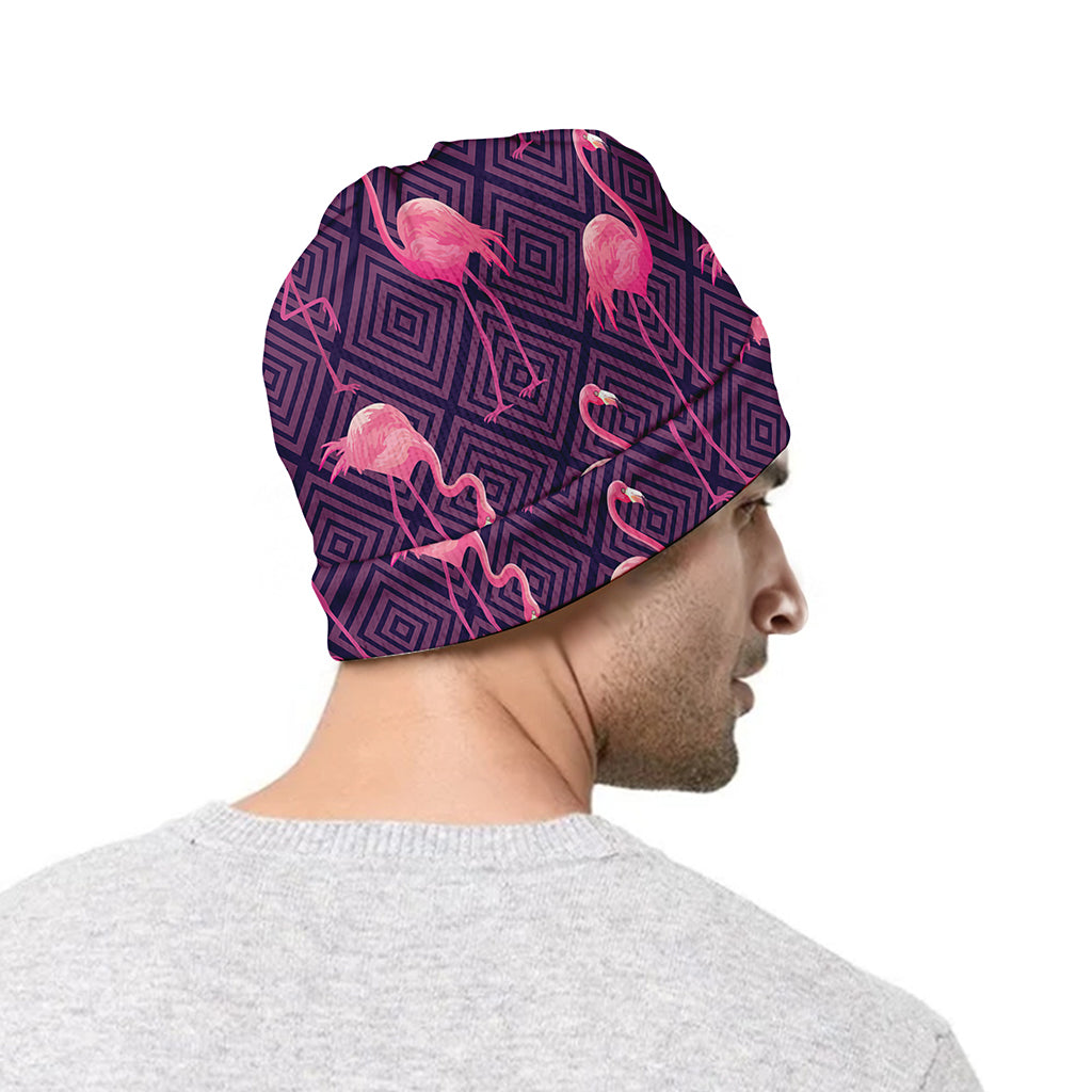 Purple Geometric Flamingo Pattern Print Beanie