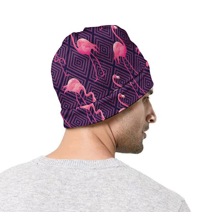 Purple Geometric Flamingo Pattern Print Beanie