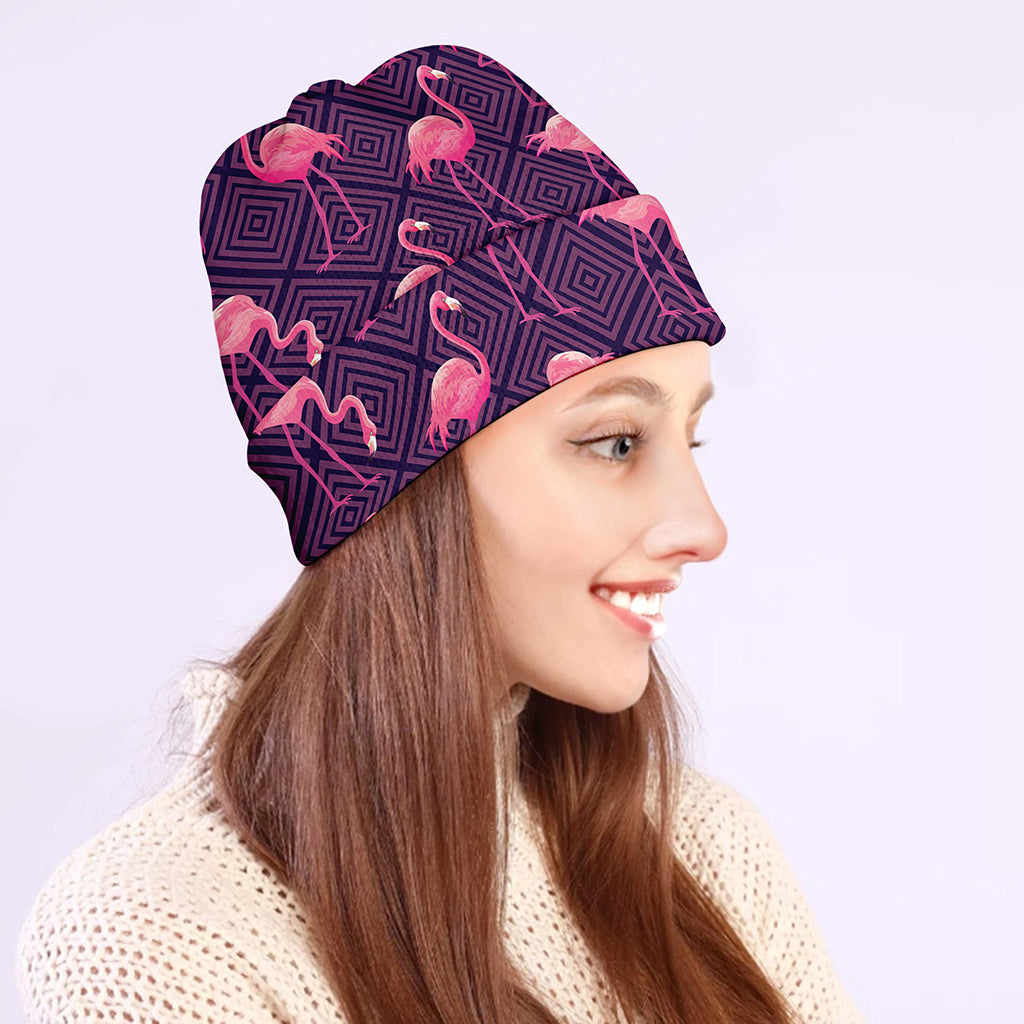 Purple Geometric Flamingo Pattern Print Beanie