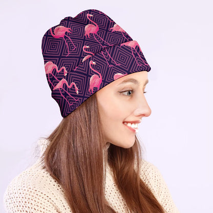 Purple Geometric Flamingo Pattern Print Beanie