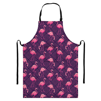 Purple Geometric Flamingo Pattern Print Bib Apron With Pocket