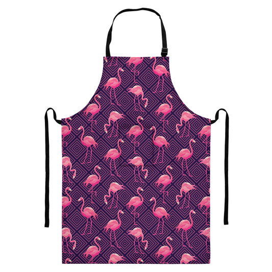 Purple Geometric Flamingo Pattern Print Bib Apron With Pocket
