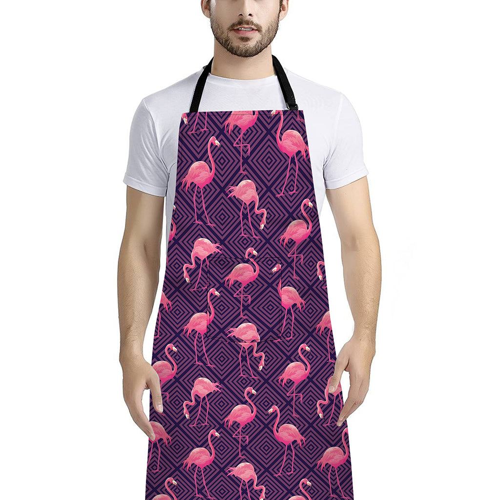 Purple Geometric Flamingo Pattern Print Bib Apron With Pocket