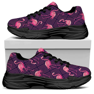 Purple Geometric Flamingo Pattern Print Black Chunky Shoes