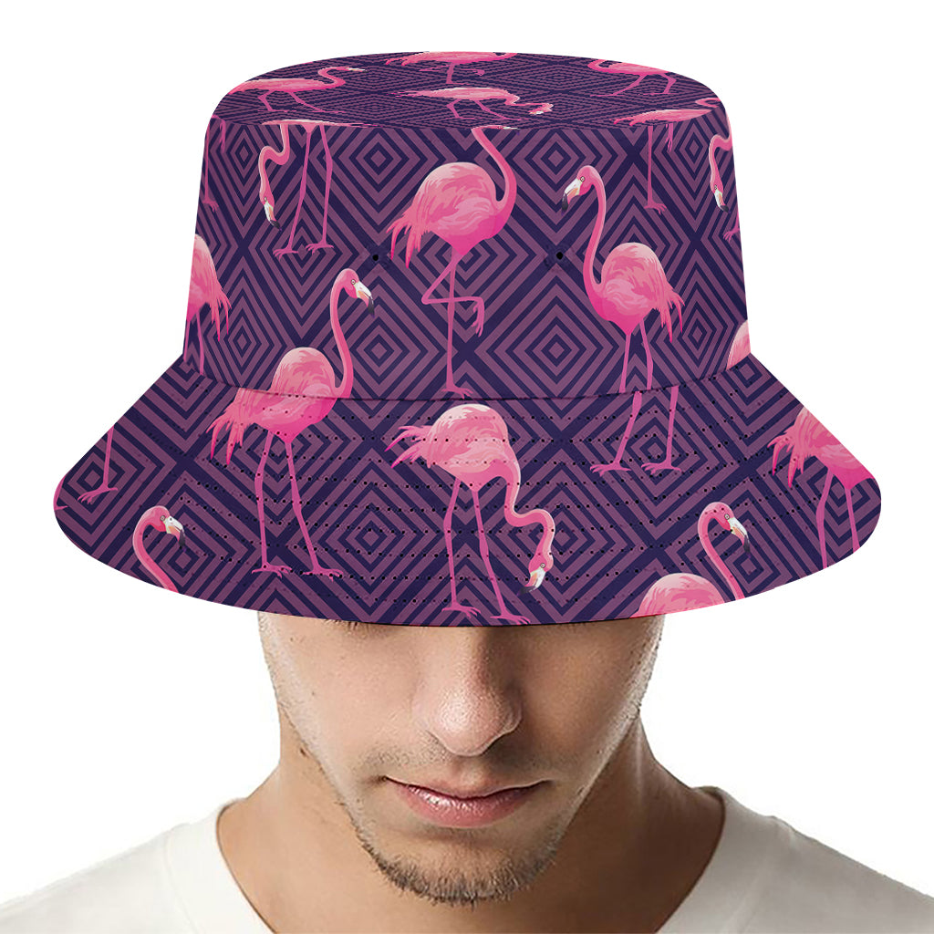 Purple Geometric Flamingo Pattern Print Bucket Hat