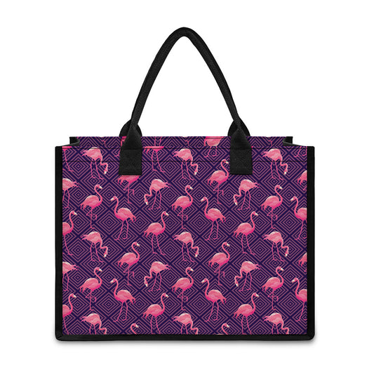 Purple Geometric Flamingo Pattern Print Canvas Tote Bag