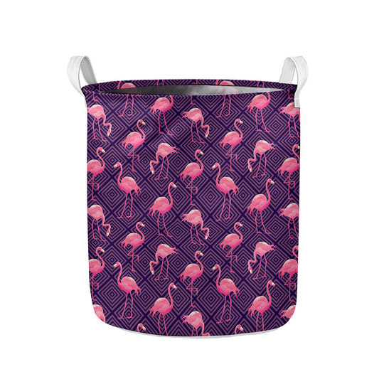 Purple Geometric Flamingo Pattern Print Collapsible Laundry Basket