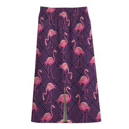 Purple Geometric Flamingo Pattern Print Cotton Front Slit Maxi Skirt