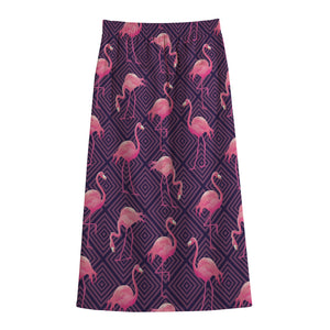 Purple Geometric Flamingo Pattern Print Cotton Front Slit Maxi Skirt