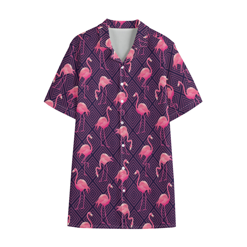 Purple Geometric Flamingo Pattern Print Cotton Hawaiian Shirt