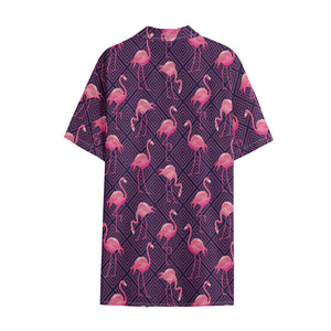 Purple Geometric Flamingo Pattern Print Cotton Hawaiian Shirt