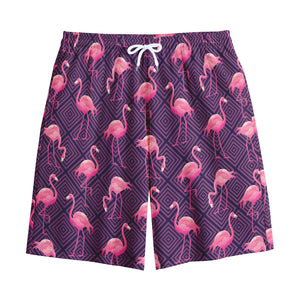 Purple Geometric Flamingo Pattern Print Cotton Shorts