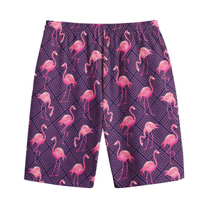 Purple Geometric Flamingo Pattern Print Cotton Shorts