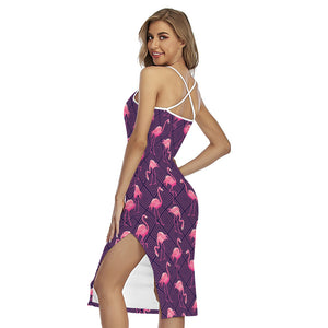 Purple Geometric Flamingo Pattern Print Cross Back Cami Dress